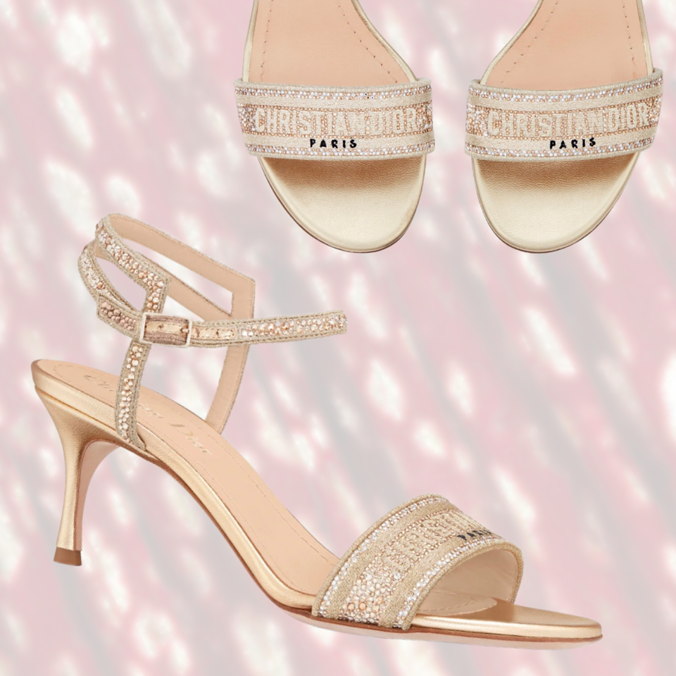 Christian Dior Paris sandals, gold heeled, featuring signature logo and design details.