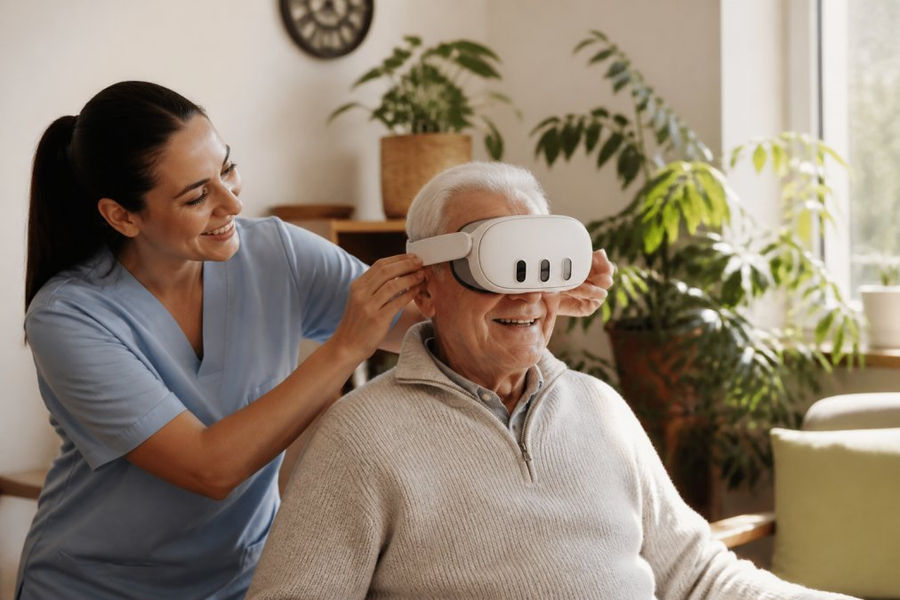 Eine Pflegerin zeigt einem älteren Mann mit leichter Demenz, wie er eine Mixed-Reality-Brille aufsetzt, beide lächeln in einem freundlich eingerichteten Seniorenzimmer mit warmer Beleuchtung und Pflanzen im Hintergrund