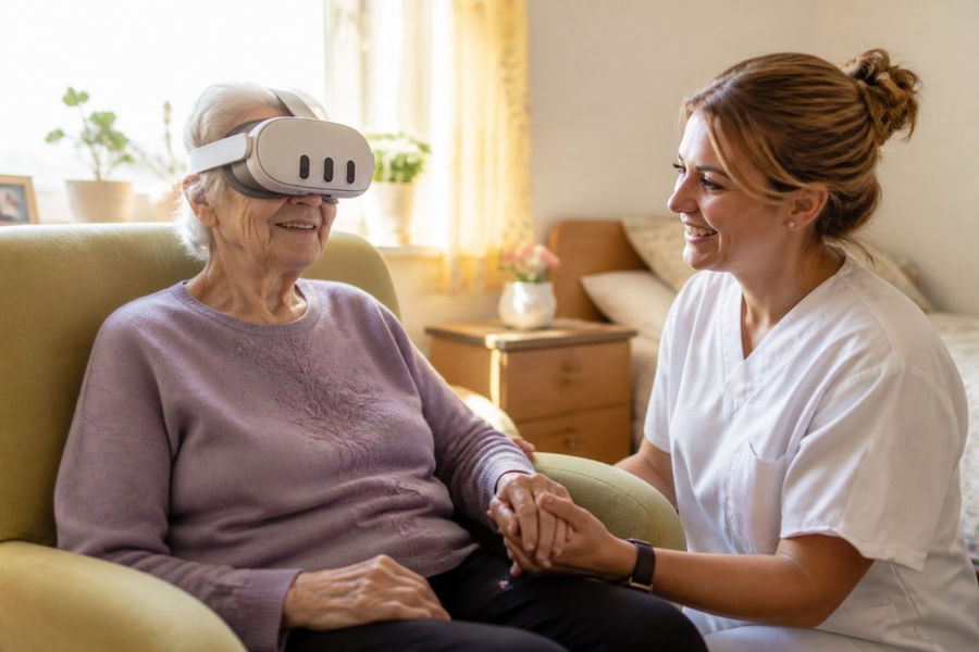 Eine ältere Frau mit einer Mixed-Reality-Brille sitzt entspannt in einem hellen Pflegezimmer, während eine Pflegerin freundlich neben ihr sitzt und ihre Hand hält, warmes Nachmittagslicht fällt durch das Fenster