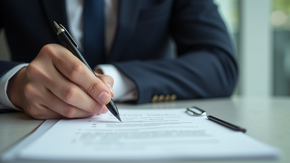Close-up view of a person reviewing legal documents with a pen