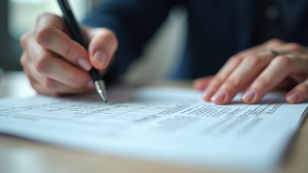 Close-up view of a person filling out immigration forms with a pen