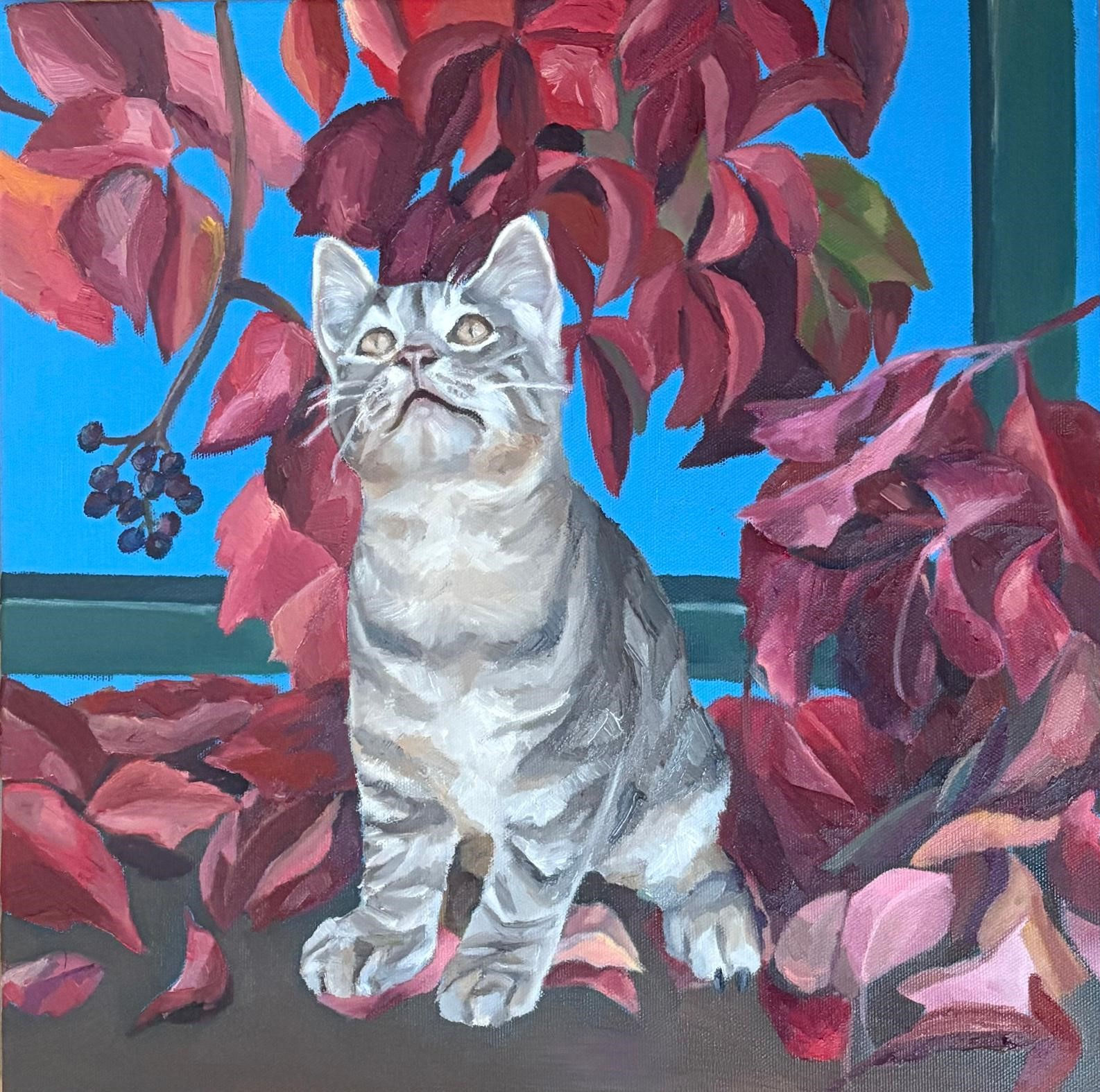 Kedi ve Kırmızı Yapraklar - Meltem Kılıç - Yağlı Boya Tablo