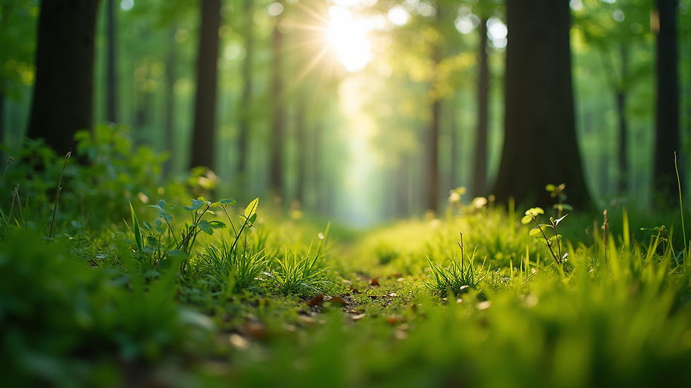 Eye-level view of a lush green forest with sunlight filtering through the trees