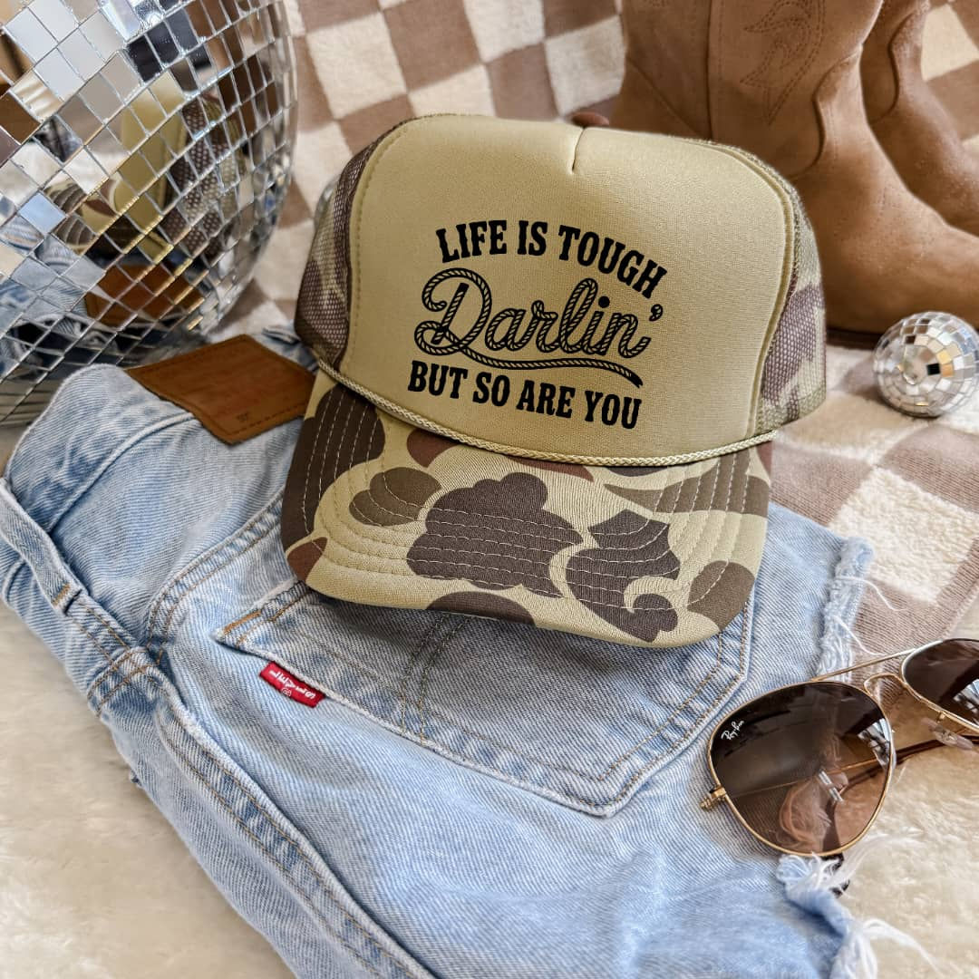 Life Is Tough Darlin’ Vintage Cowgirl Trucker Hat,  Western Rodeo Style Cap