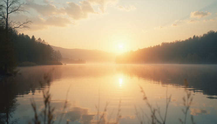 Eye-level view of a calm lakeside with soft morning light reflecting on the water
