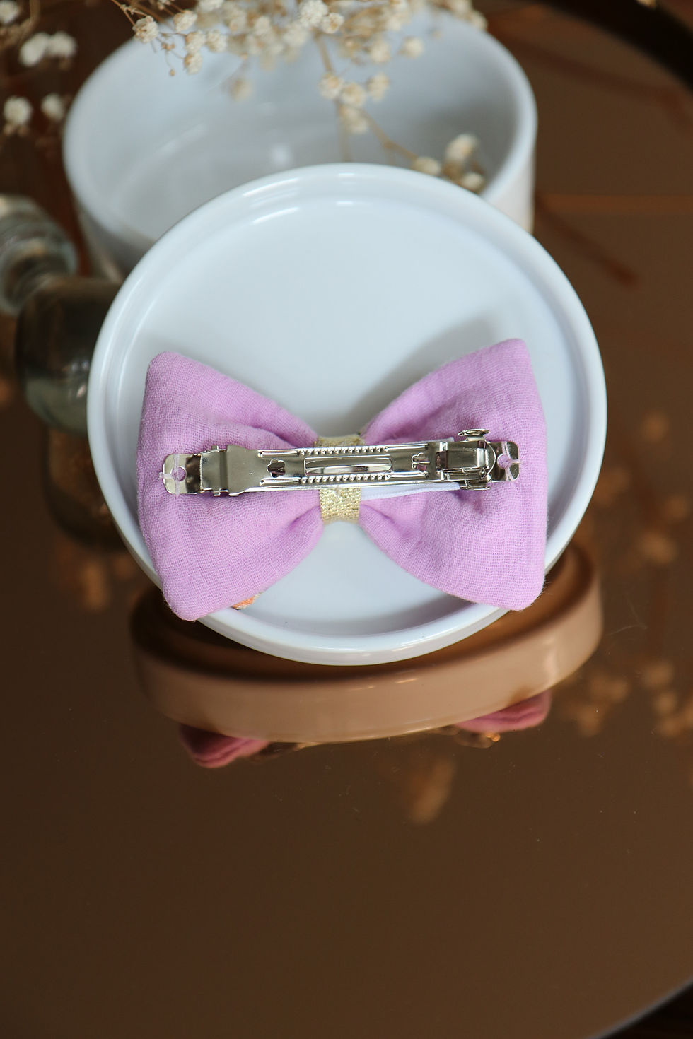 Miniature : Barrette noeud double fleurs orange et violet lilas