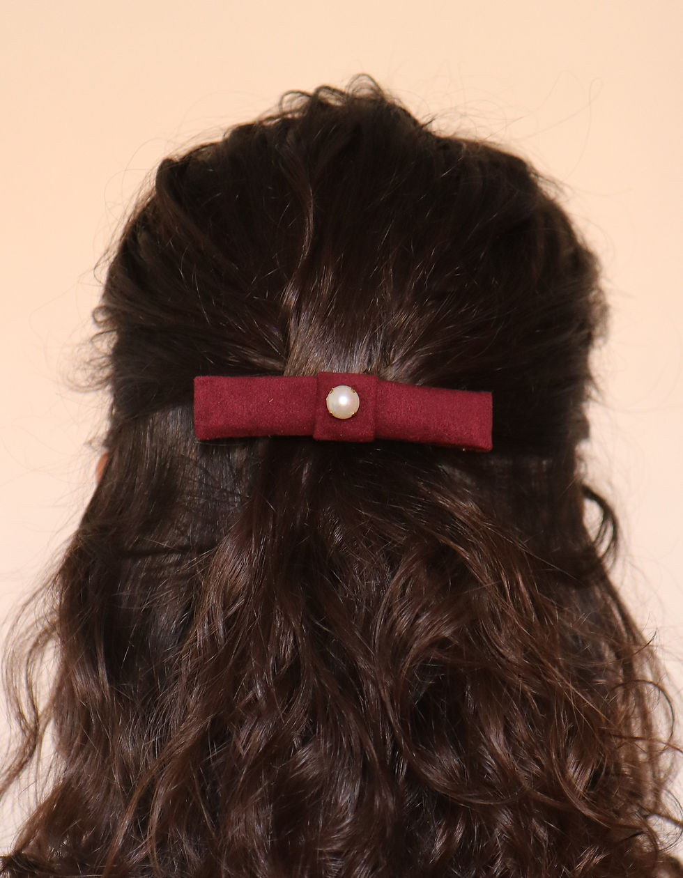 Miniature : Barrette nœud en suédine et perle de culture