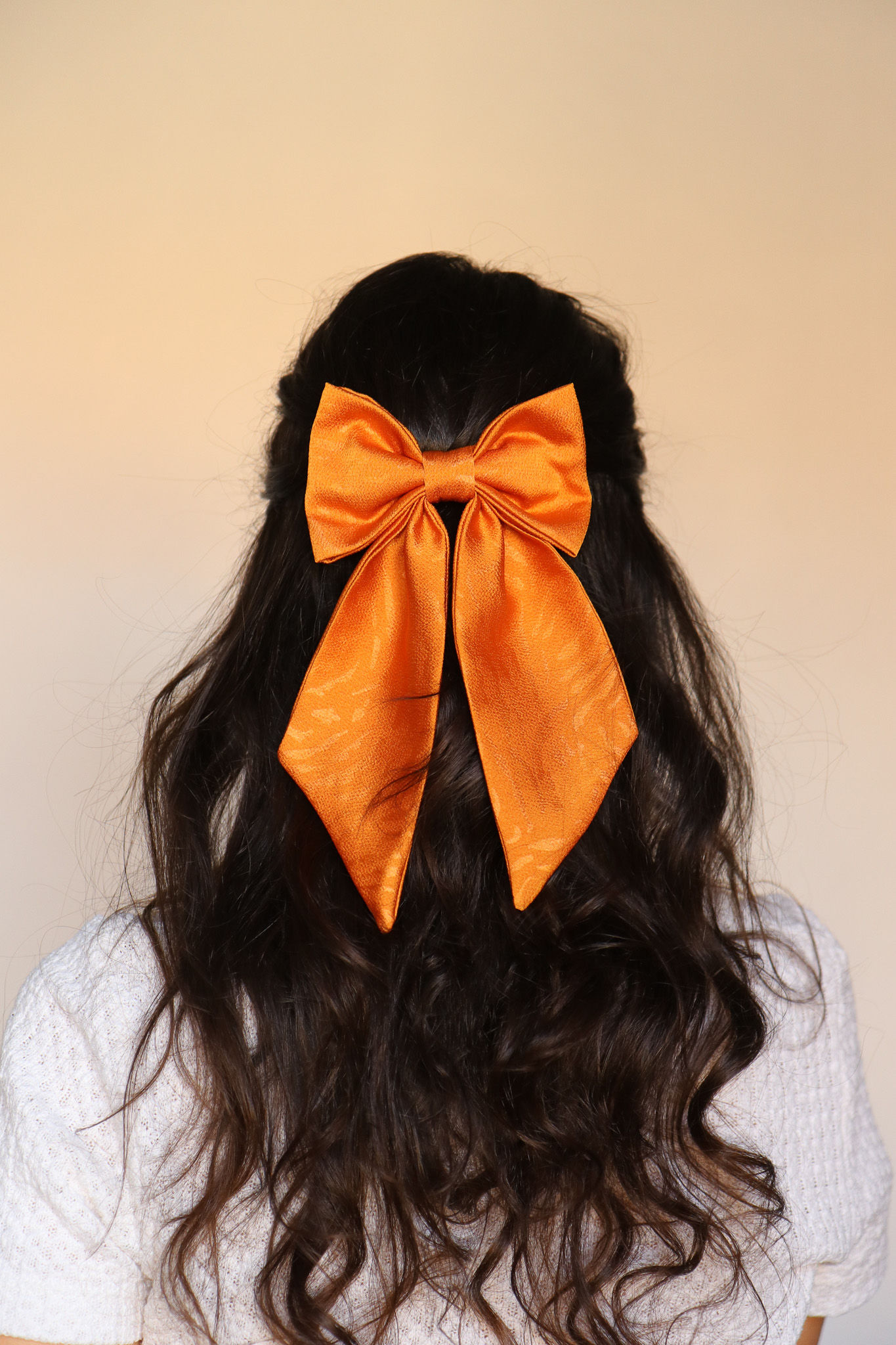 Maxi barrette noeud orange zèbre satiné et texturé