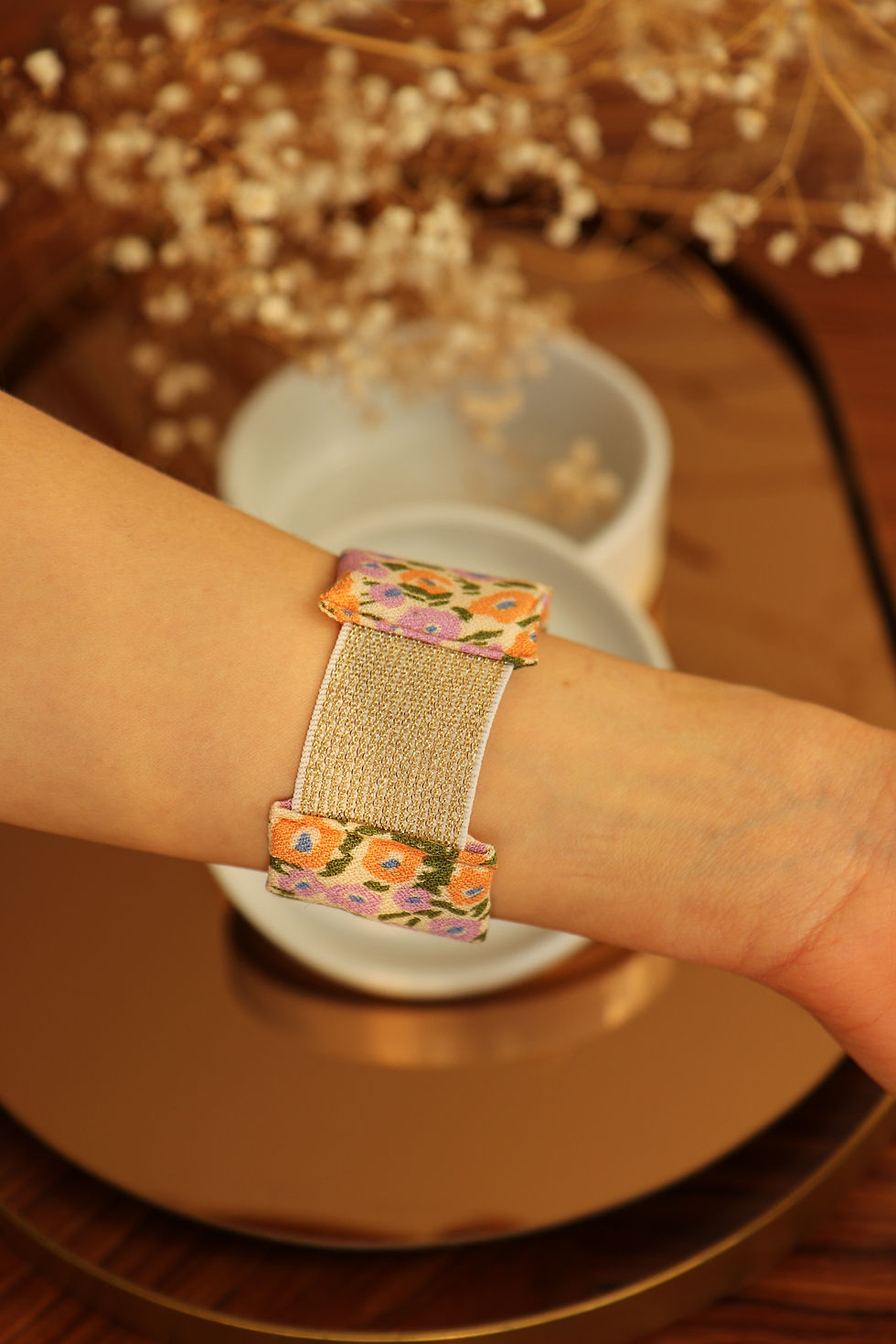 Miniature : Manchette bracelet noeud fleurs orange et violet lilas