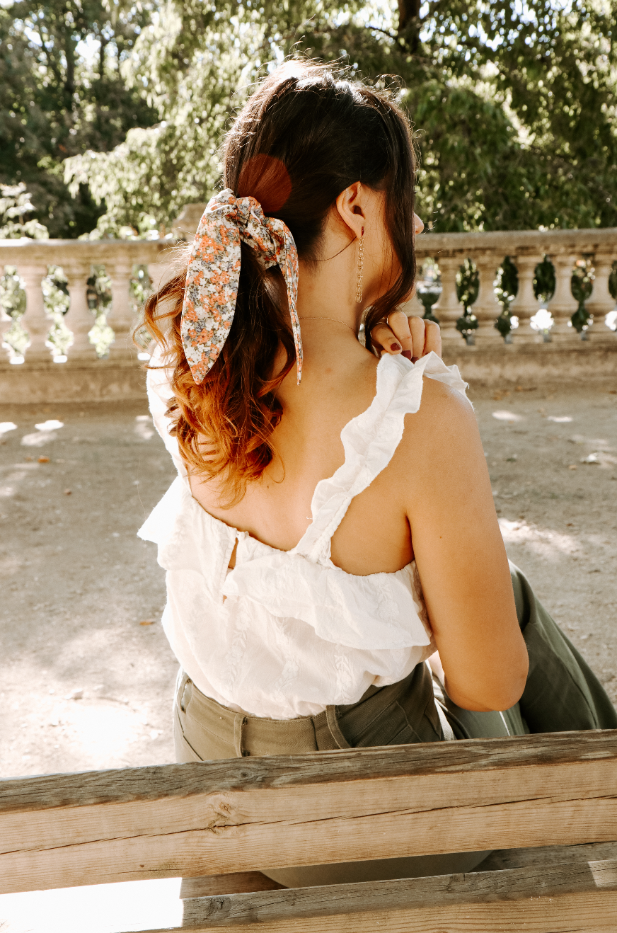 Chouchou foulard fleuri corail et kaki