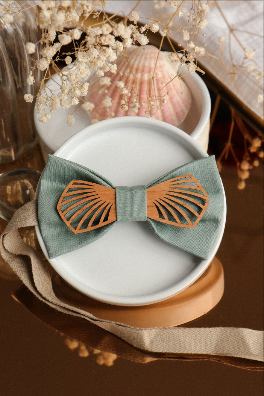 Nodaré - Noeud papillon vert sauge et noeud en bois