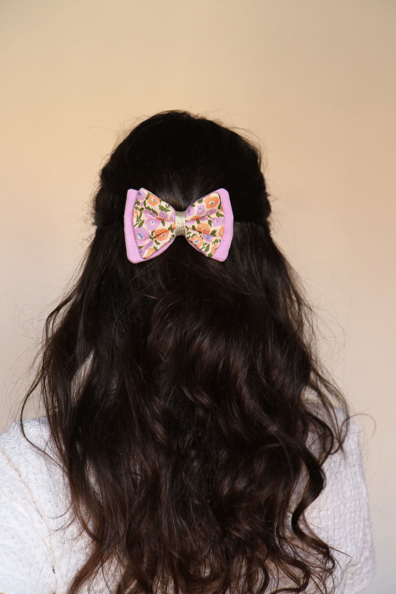 Barrette noeud double fleurs orange et violet lilas