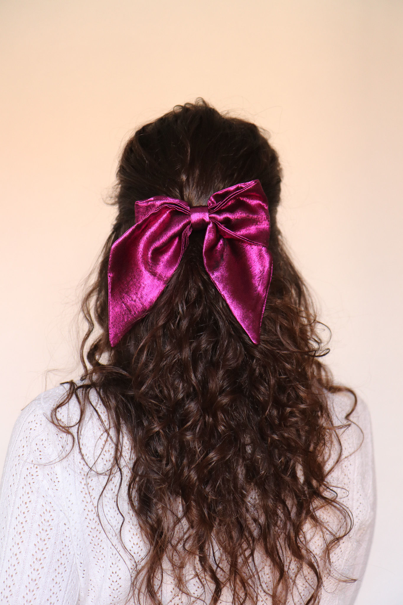 Maxi barrette noeud double rose magenta irisé