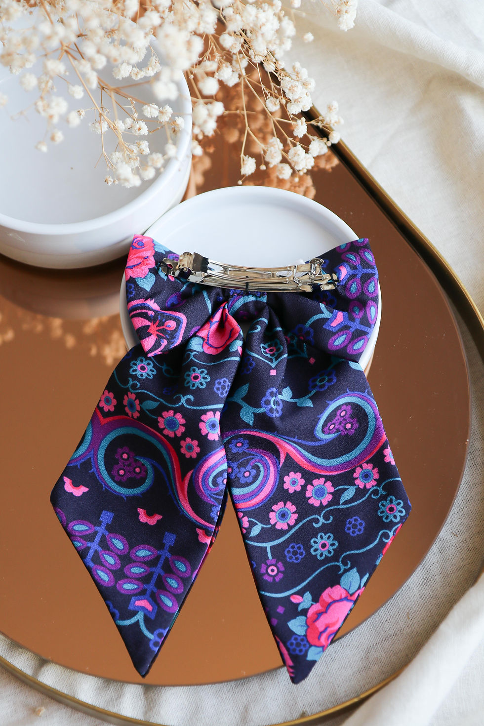 Miniature : Maxi barrette noeud bleu marine, rose fuchsia et bleu