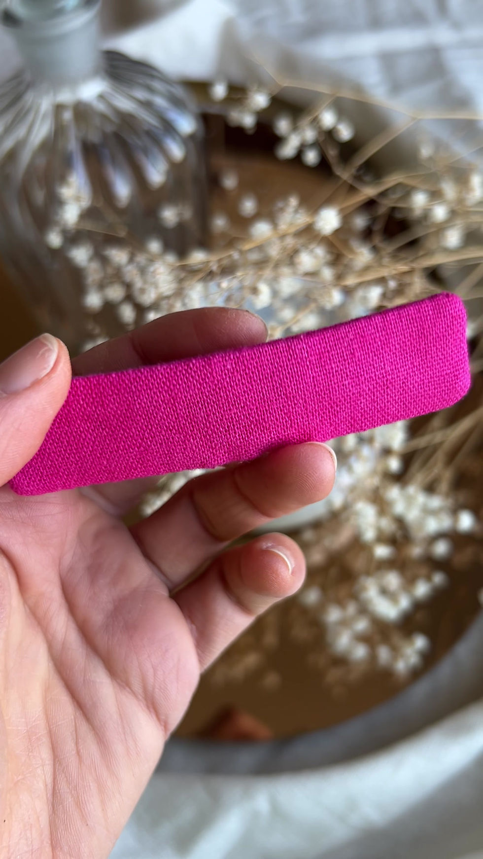 Miniature : Barrette plate Jeanne en lin rose fuchsia