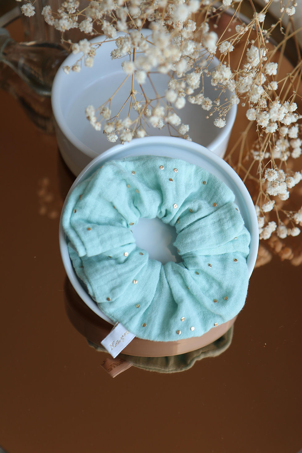 Chouchou double gaze bleu clairet doré