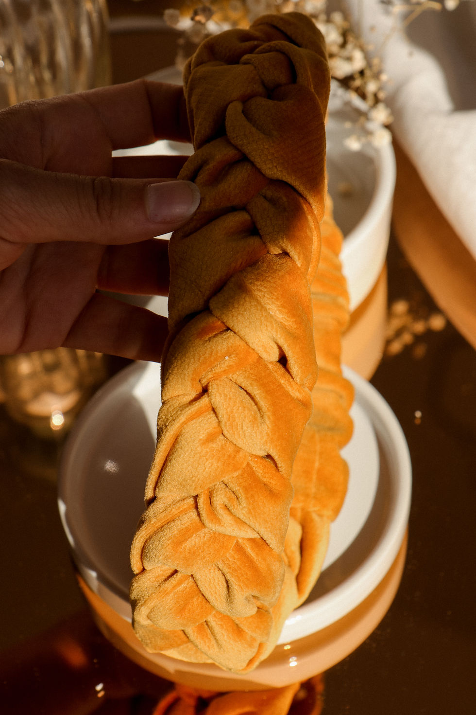 Miniature : Headband tressé velours jaune moutarde