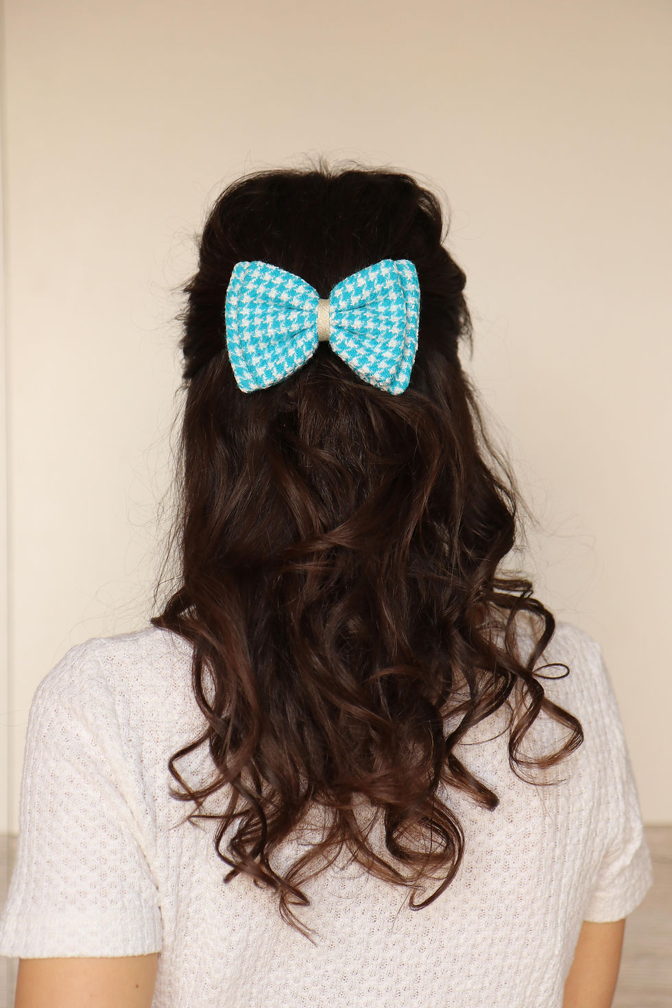 Barrette noeud imprimé pied de poule tweed bleu turquoise et blanc