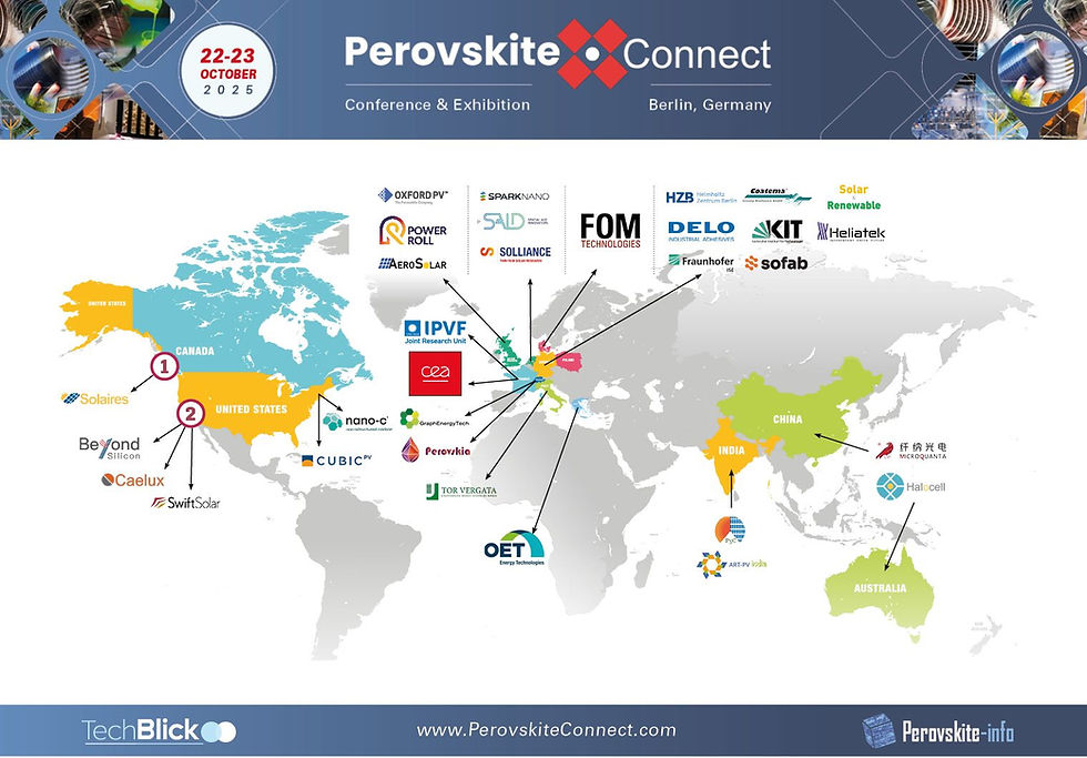 map of speakers at Perovskite Connect conference and exhibition featuring the following speakers "Intellivation LLC
"
"Nano-C, Inc."
"CubicPV"
"imec"
"SparkNano"
"Beyond Silicon, Inc."
"Swansea University"
"Caelux Corporation"
"Helmholtz-Zentrum Berlin"
"OET Energy Technologies"
"Halocell Energy"
"Oxford PV "
"Swift Solar"
"Institut Photovoltaïque d'Île-de-France (IPVF)"
"Saule Technologies "
"DELO Industrial Adhesives"
"Karlsruhe Institute of Technology"
"P3C Technology and Solutions Pvt Ltd "
"Microquanta"
"PV-ART"
"FOM Technologies"
"AeroSolar "
"SALD B.V."
" Heliatek"
"Perovskia Solar"
"Solliance"
"Fraunhofer ISE"
"Sofab Inks"
"University of Rome Tor Vergata"
"CEA"
"Solaires Entreprises Inc"