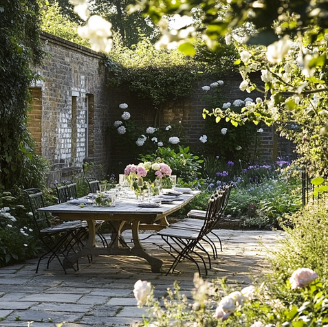 a victorian walled garden. a beautiful old vintage dining table with iron chairs.