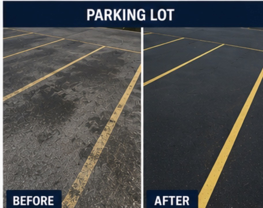 Worker applying a protective coating to a cleaned concrete parking surface with a roller.