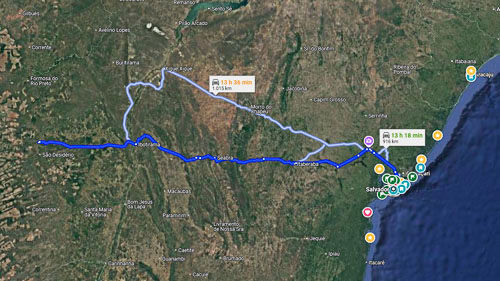 trajeto em azulno mapa salvador barreiras