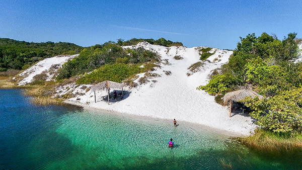2 pessoas se banhando na lagoa verde cristalina e cabanas de palha cobertas