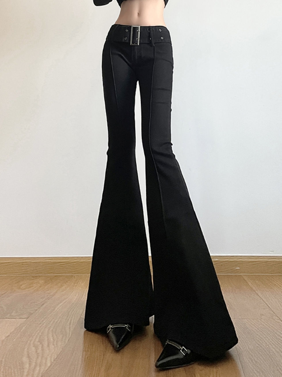 Thumbnail: Women's Black Jeans Flare Pants Y2k Retro Emo 2000s Streetwear Fashion Trousers 