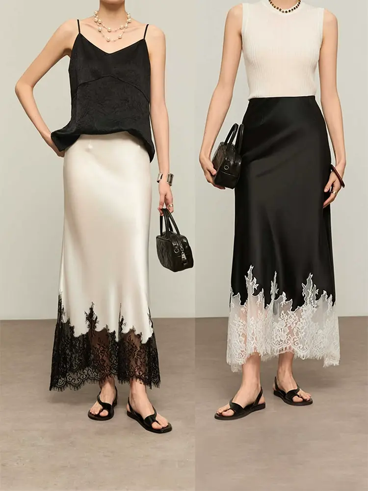 Thumbnail: Elegant Lace-Trim Satin Midi Skirt Women Summer High Wasit Wrapped Hip Slim Long