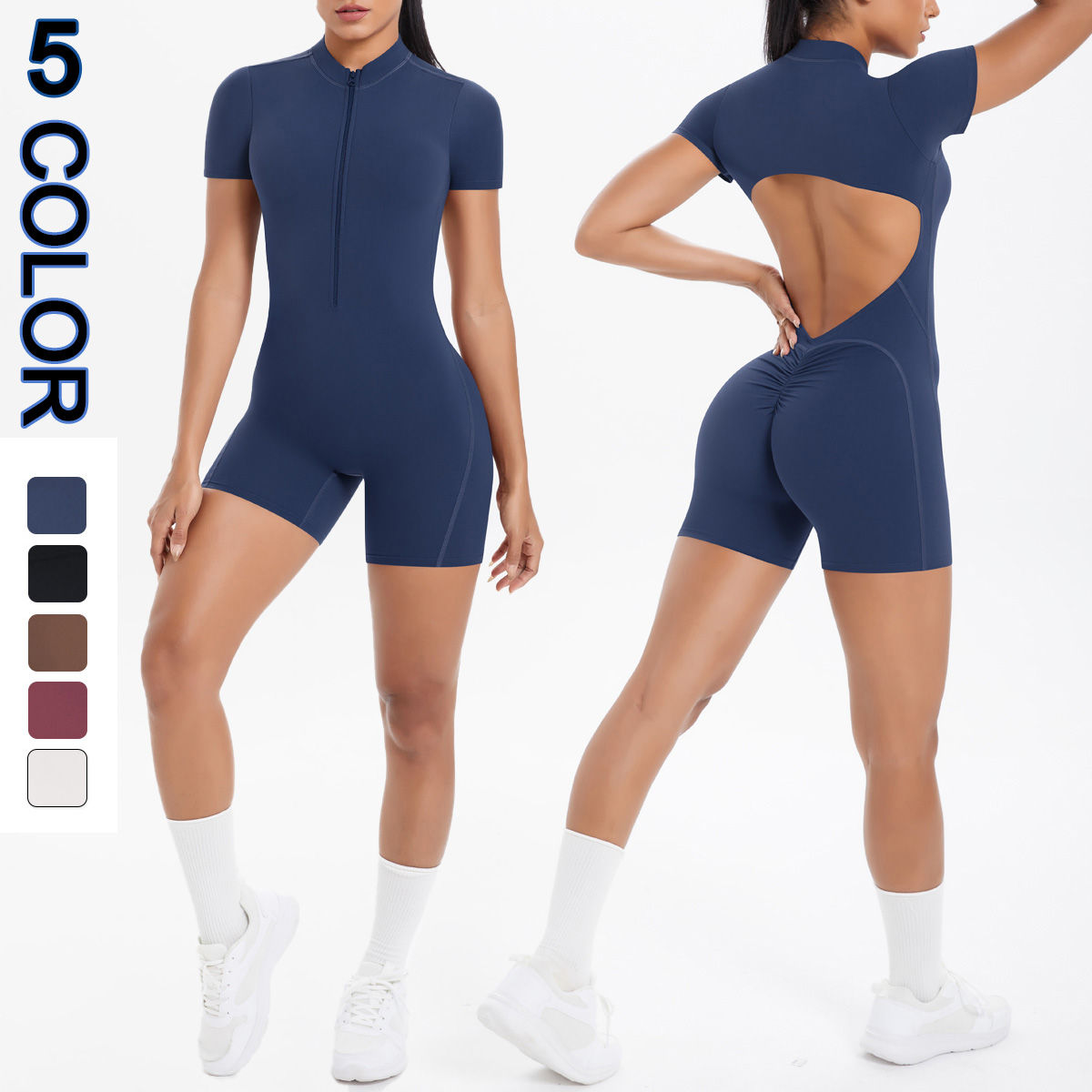 Hollow Out Backless Short Sleeved Zipper Jumpsuit for Woman Jumpsuit Yoga Suit O