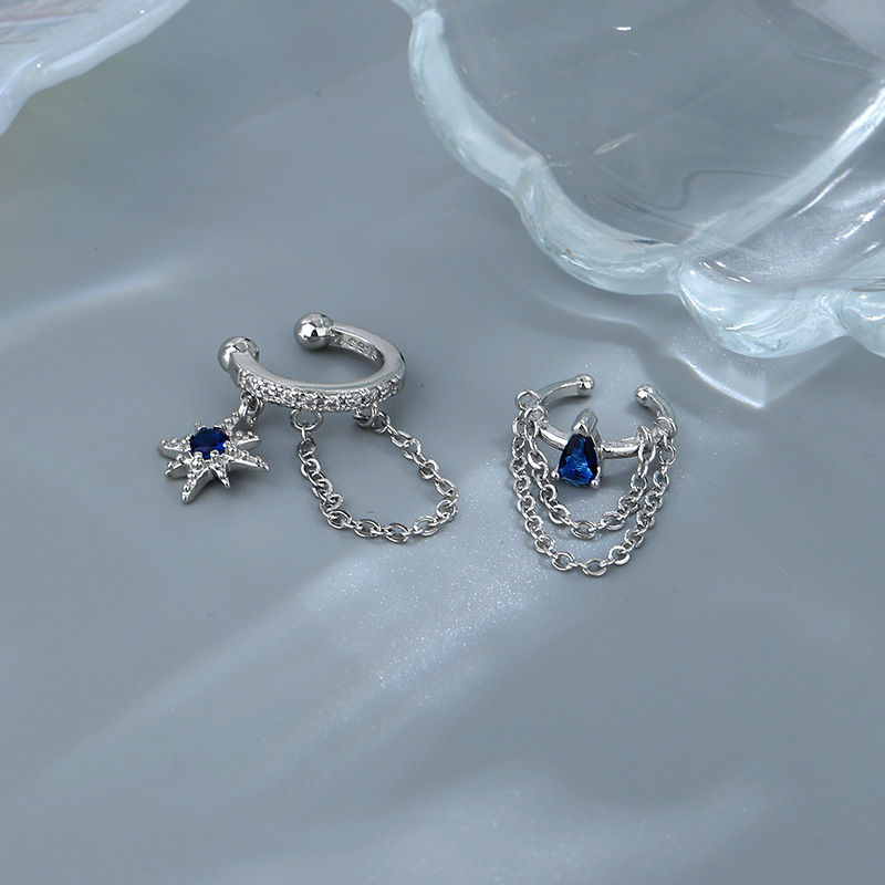 Thumbnail: CIAXY Silver Color Asymmetric Double Chain Earrings for Women Blue Water Drop St