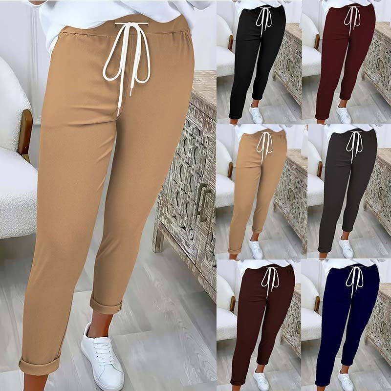 Women's Solid Color Tapered Pants - Drawstring Waist Ankle Cuff Trousers, Casual