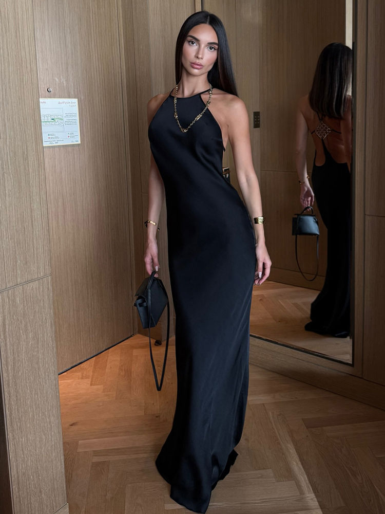 Thumbnail: Nibber Sleeveless Halter Satin Dress Women Metal Buckle Elegant Patchwork Fashio