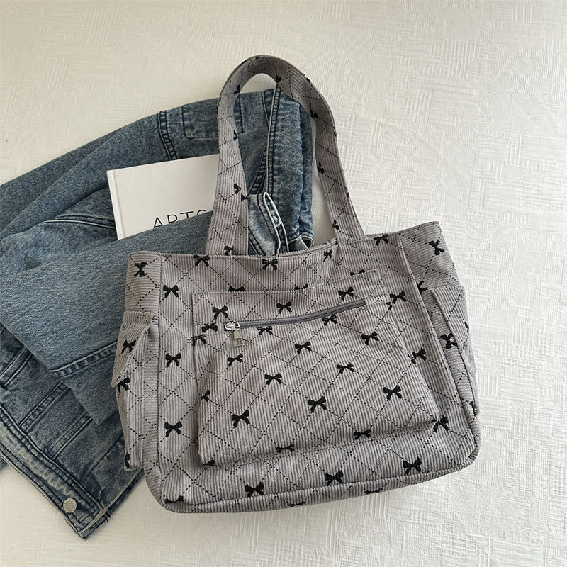 Thumbnail: Large Capacity Corduroy Casual Tote Bags For Ladies, Casual Bow Pattern Commutin