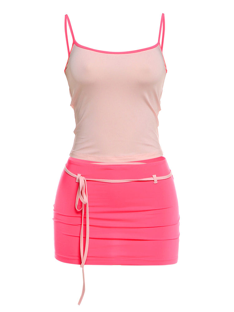 Thumbnail: Kliou Contrast Patchwork 2 Piece Set Woman Summer Trend Low-Neck Backless Camiso