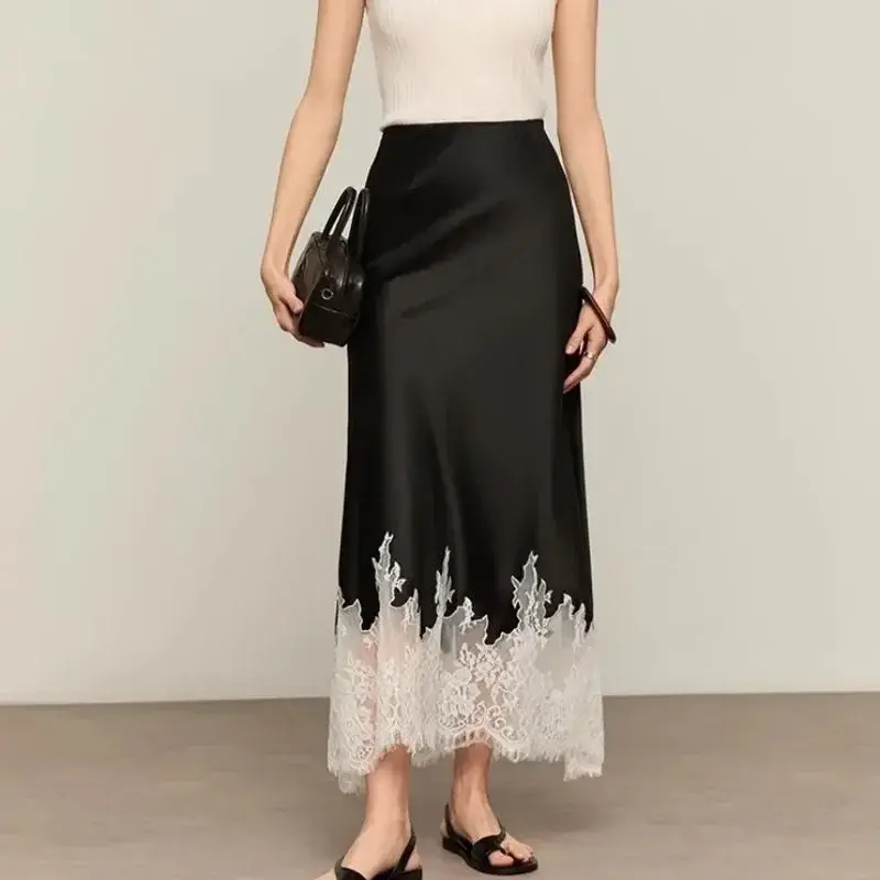 Thumbnail: Elegant Lace-Trim Satin Midi Skirt Women Summer High Wasit Wrapped Hip Slim Long