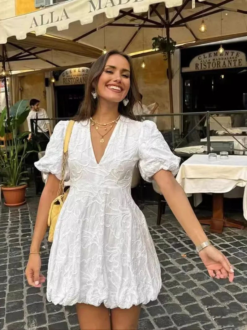 Thumbnail: Solid Embroidered Short Summer Dresses Women V-Neck Puff Sleeve White Casual Str