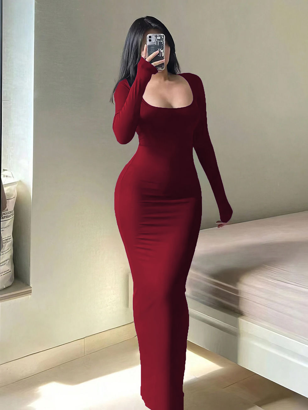 Thumbnail: Women's Solid Long Sleeve Bodycon Dress, Chic Basic Minimalist Causual Fashion S