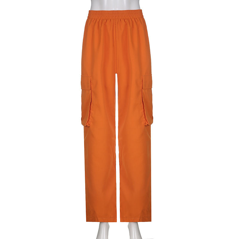 Thumbnail: Puloru Orange Baggy Cargo Pants Women Casual High Elasitc Waist Straight-Leg Tro