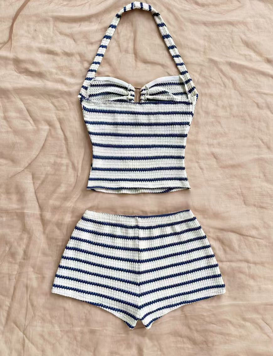 Thumbnail: Summer striped halter-neck waffle knit suit - a sexy beach outfit for vacation g