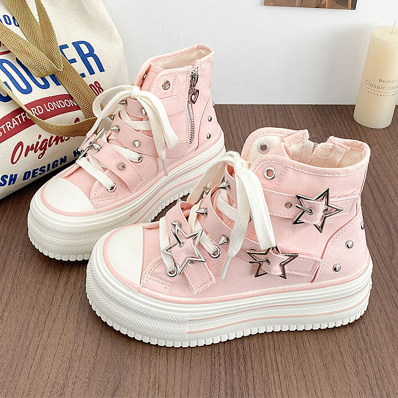 Y2K Pink High-top Canvas Shoes for Women Design Rivet Buckle Lace-up Platform Wo