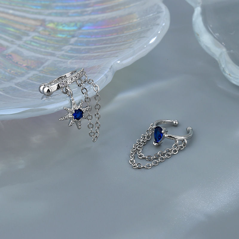 Thumbnail: CIAXY Silver Color Asymmetric Double Chain Earrings for Women Blue Water Drop St