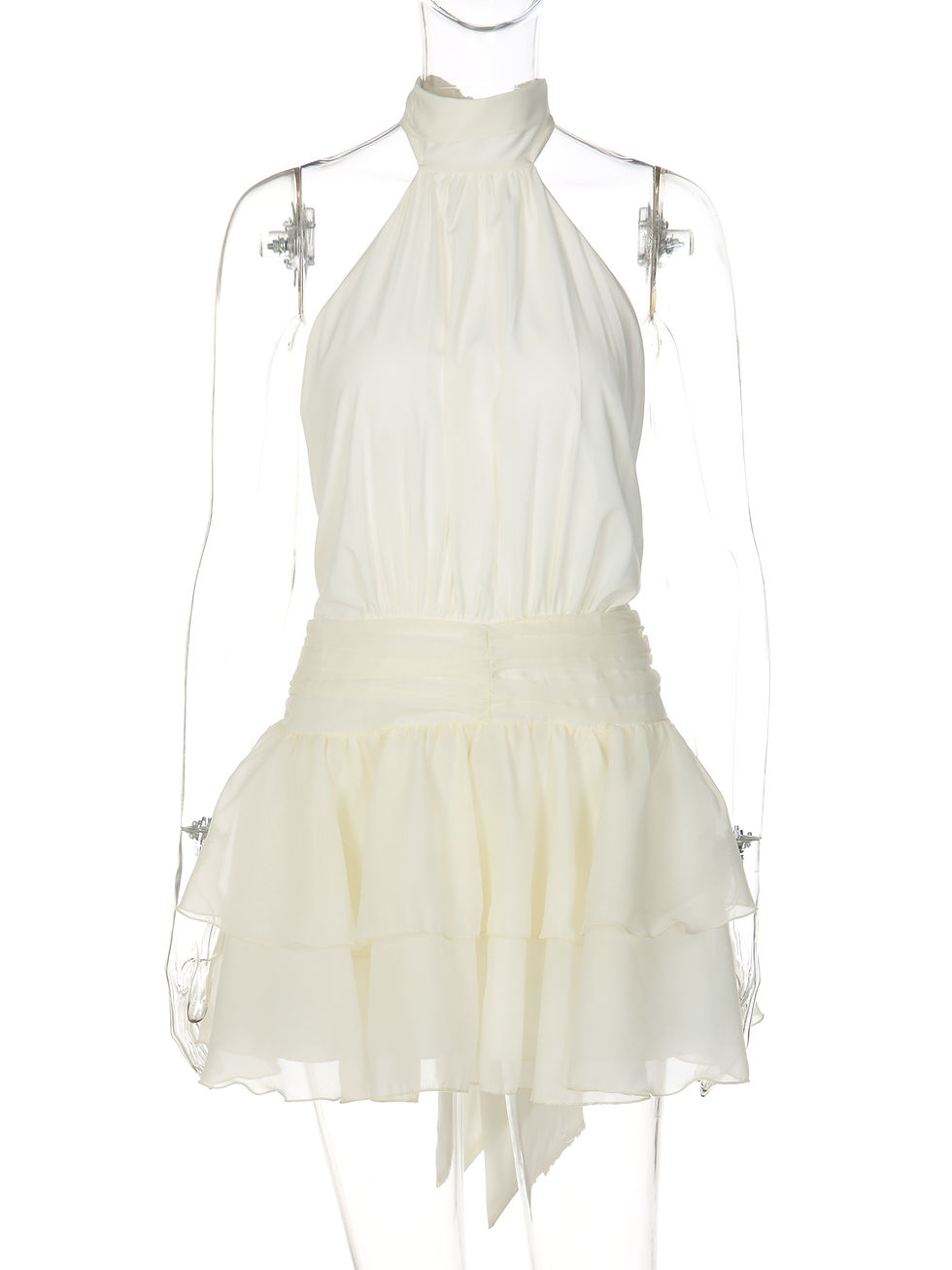 Thumbnail: Dulzura Chiffon Halter Ruched Ribbon Slim Fit Tiered Mini Dress Women'S Fashion 