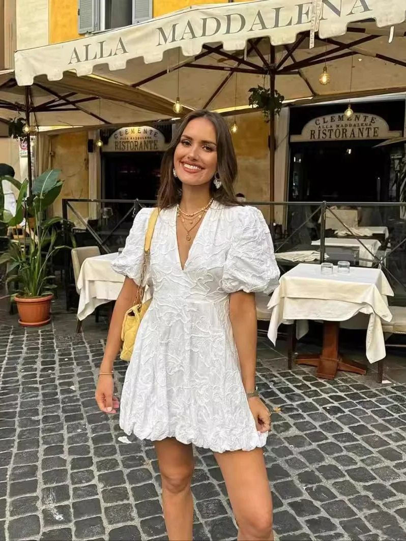 Thumbnail: Solid Embroidered Short Summer Dresses Women V-Neck Puff Sleeve White Casual Str
