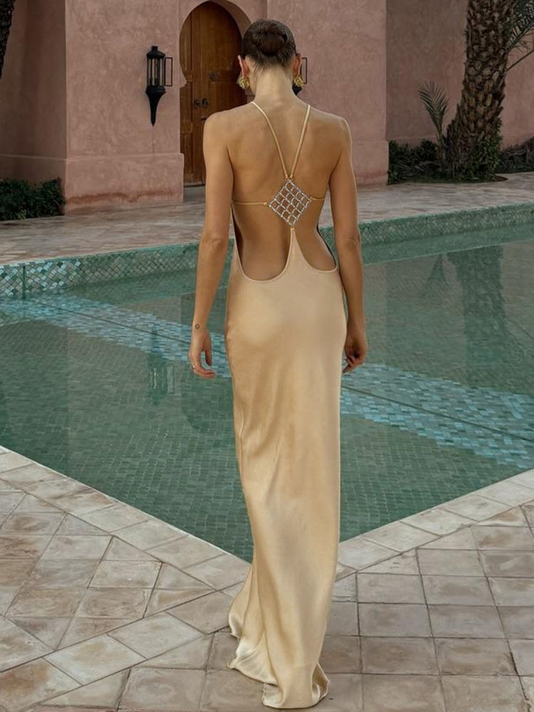 Nibber Sleeveless Halter Satin Dress Women Metal Buckle Elegant Patchwork Fashio