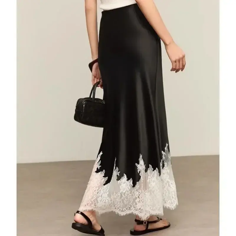 Thumbnail: Elegant Lace-Trim Satin Midi Skirt Women Summer High Wasit Wrapped Hip Slim Long