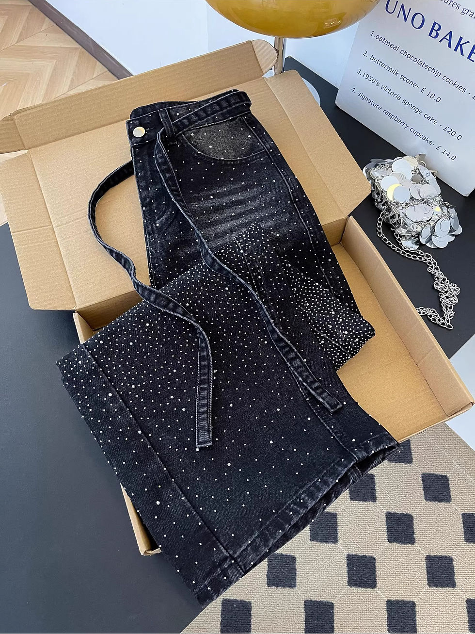 Thumbnail: Glittering Rhinestone Denim Pants Women's Jeans New Wide Leg Design Sensation Fl
