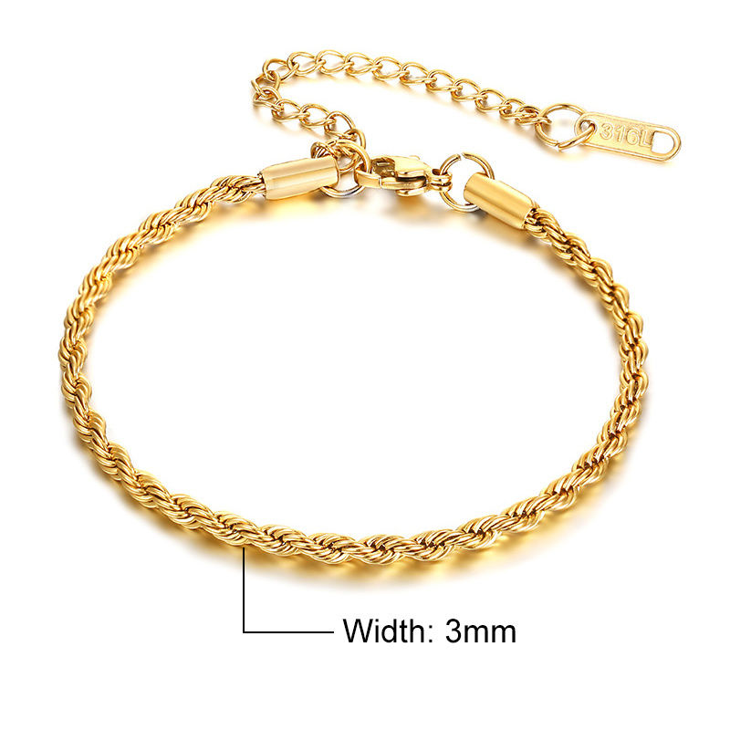 Thumbnail: Vnox Dropship 2/3/4/5mm Twisted Chain Bracelets for Women Men, Gold Color Stainl