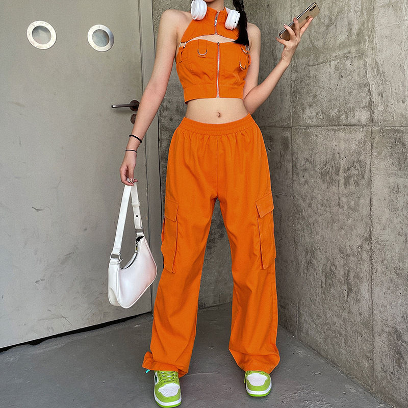 Thumbnail: Puloru Orange Baggy Cargo Pants Women Casual High Elasitc Waist Straight-Leg Tro
