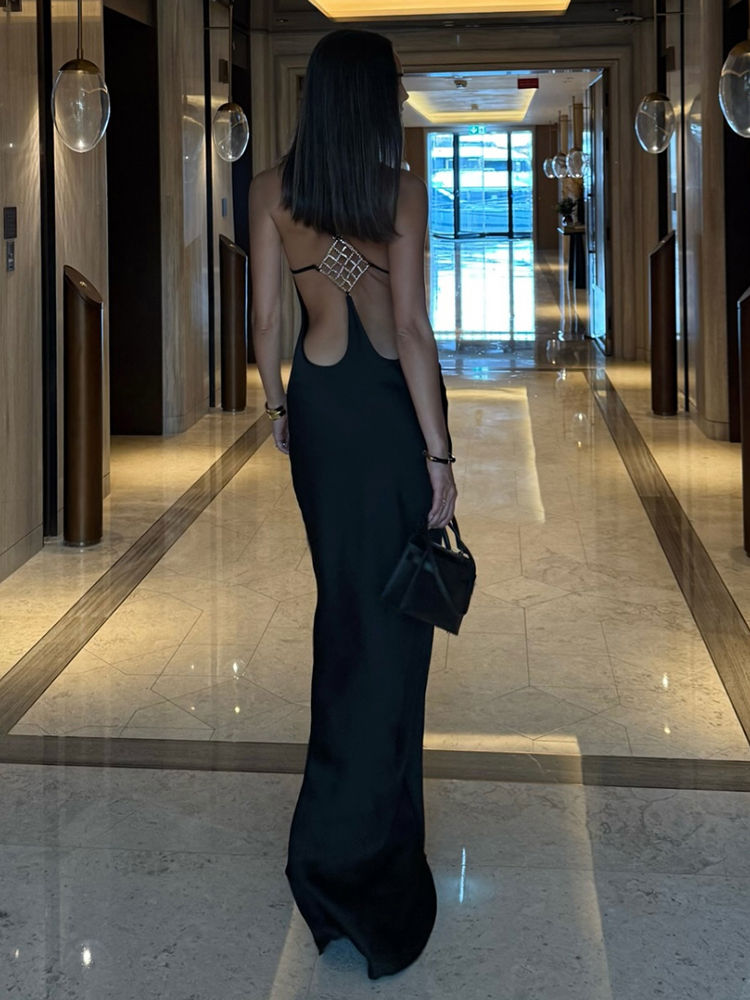 Thumbnail: Nibber Sleeveless Halter Satin Dress Women Metal Buckle Elegant Patchwork Fashio
